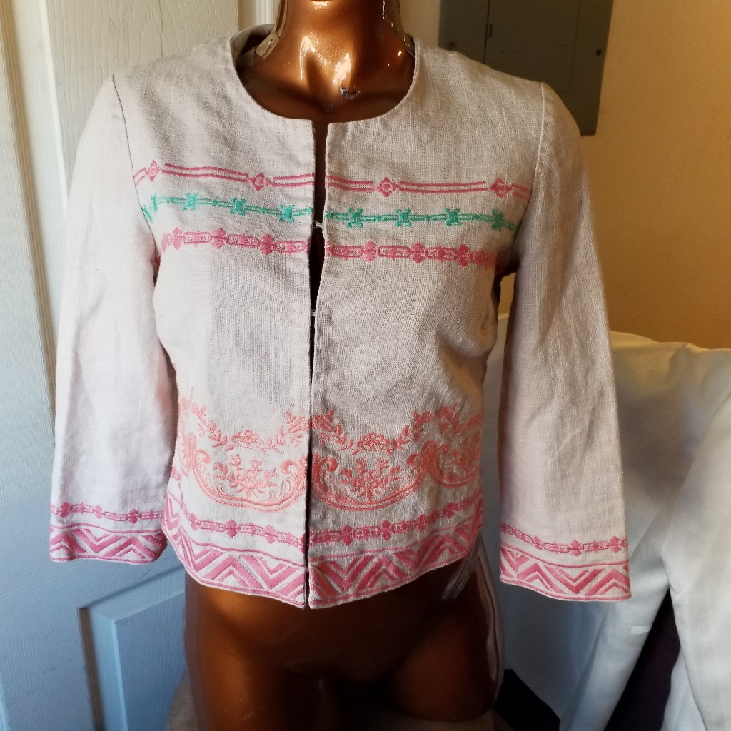 Champagne & Strawberry Embroidered Cream Linen Jacket M